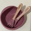 Personalized name Food Grade Baby Feeding Set with Spoon, fork,Silicone Suction Bowls and bib BPA Free - First Stage Self Feed 2