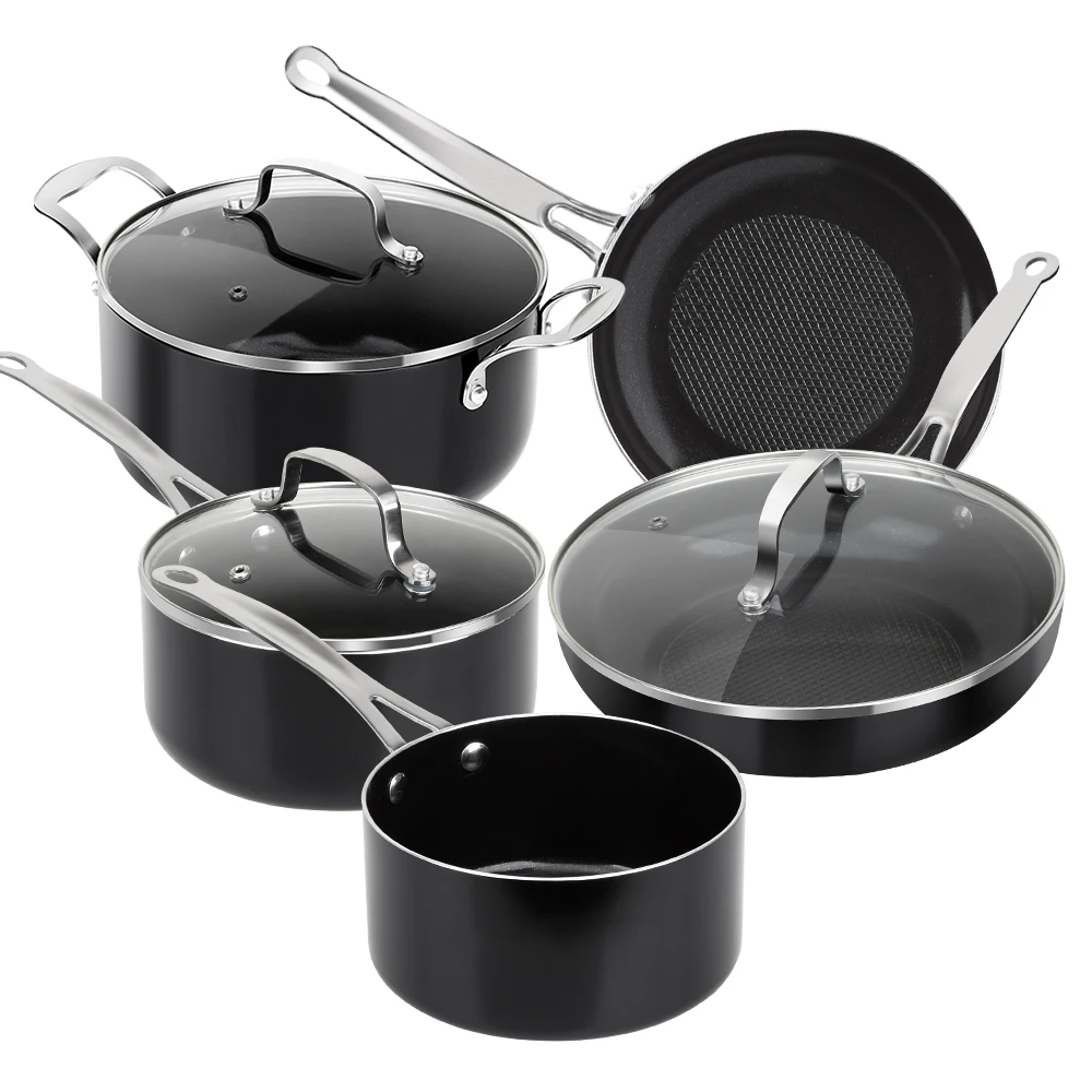 

8 Piece Black Nonstick Ceramic Cookware Set Pots and Pans Set, Fry Pan, Saucepan, Stockpot with Lid for Induction