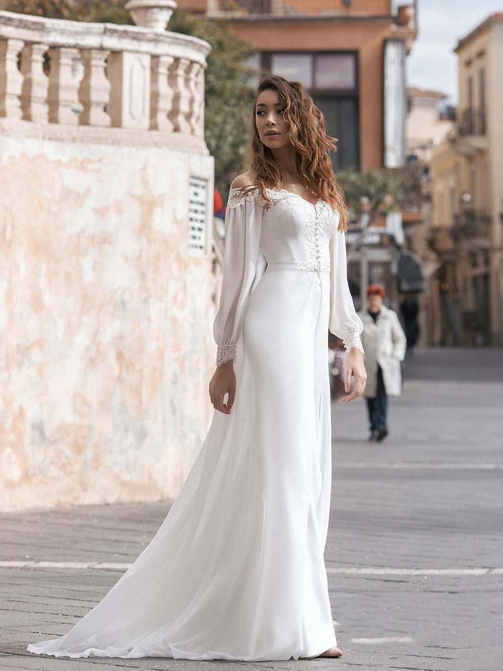 

V Neck Long Sleeves A Line Chiffon Wedding Dress Detachable Overskirt Lace Princess 2021 Bridal Gown Backless Vestido De Noiva
