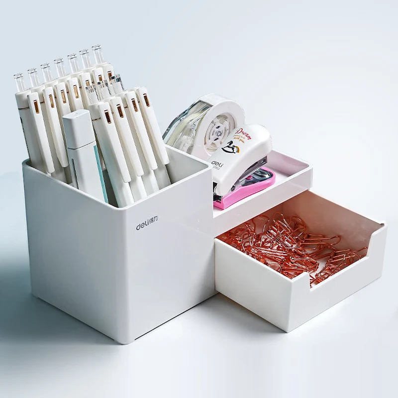 

Pen Holder Desk organizer stationery Desk pencil holder with Drawer Desktop Storage Box School Office Accessories Organizers