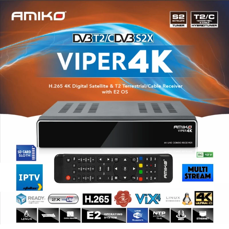 Amiko Viper 4K Uhd 2160 P H.265 Hevc Linux Enigma2 Multi-Stream DVB-S2X E DVB-C/T2 Combo ricevitore-(Virgin Portatile)