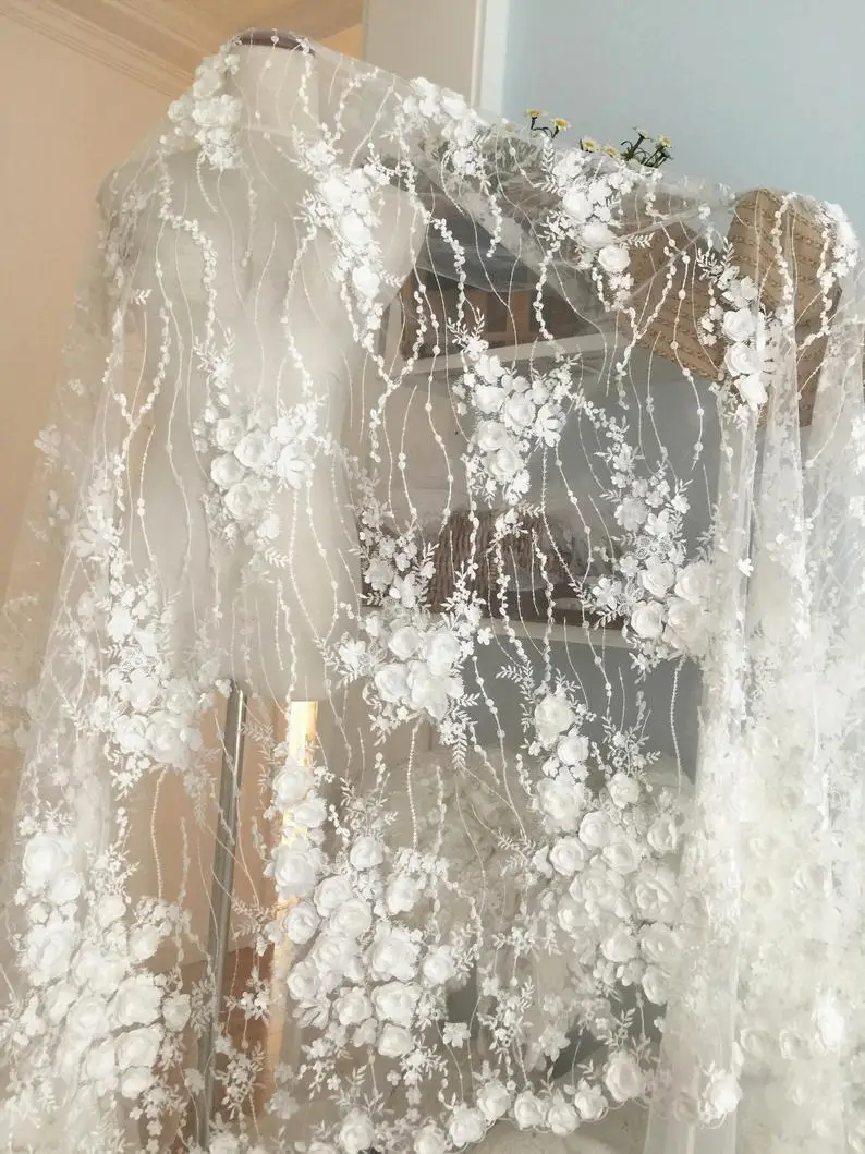 1 Yard Exquisite Pailletten 3D Spitze Stoff mit Shabby Rosette, Braut Kleid Hochzeit Kleid Stoff von Hof, blatt Emrboidery – Detail 1