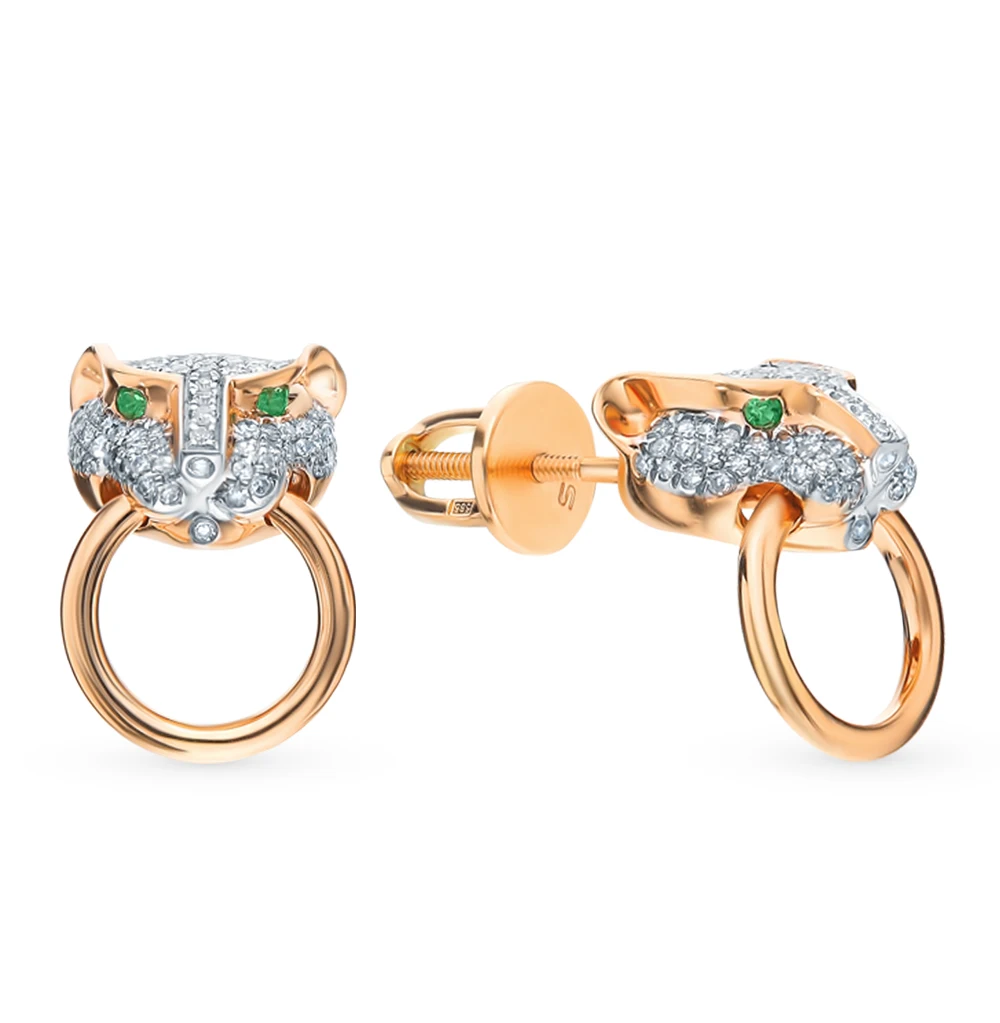 Gold earrings with emeralds and diamonds sunlight sample 585 | Украшения и аксессуары