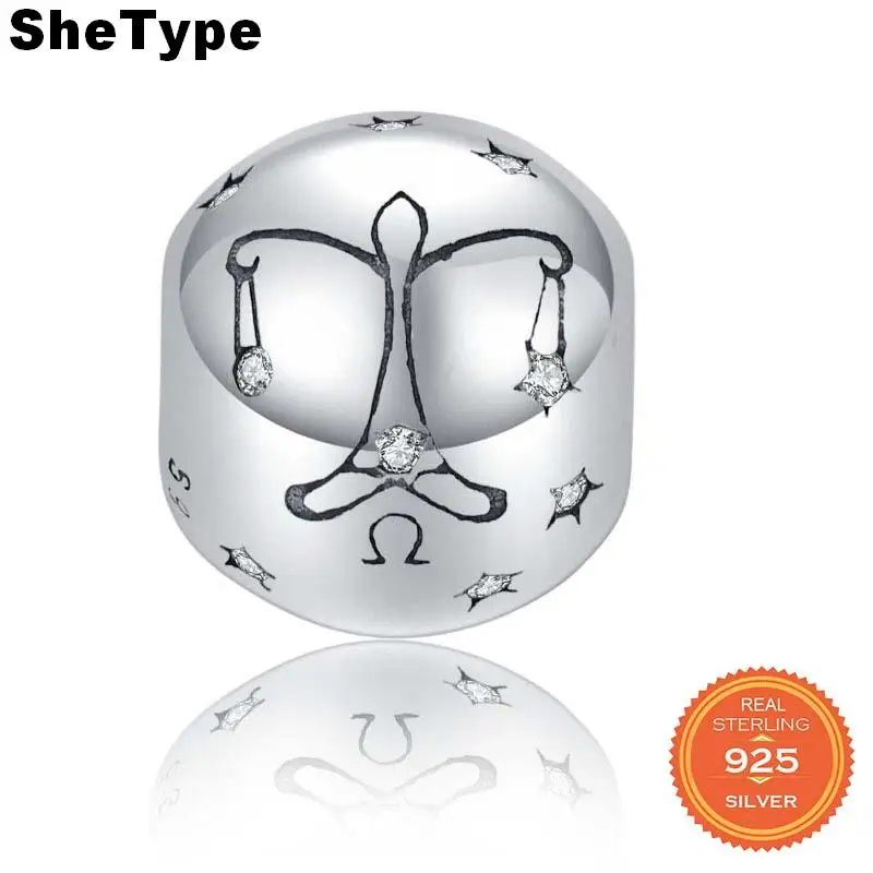 

SheType 2.8g Water Sign Constellation Round Beads for Women Jewelry Making Libra Clear Star Charm 925 Solid Sterling Silver
