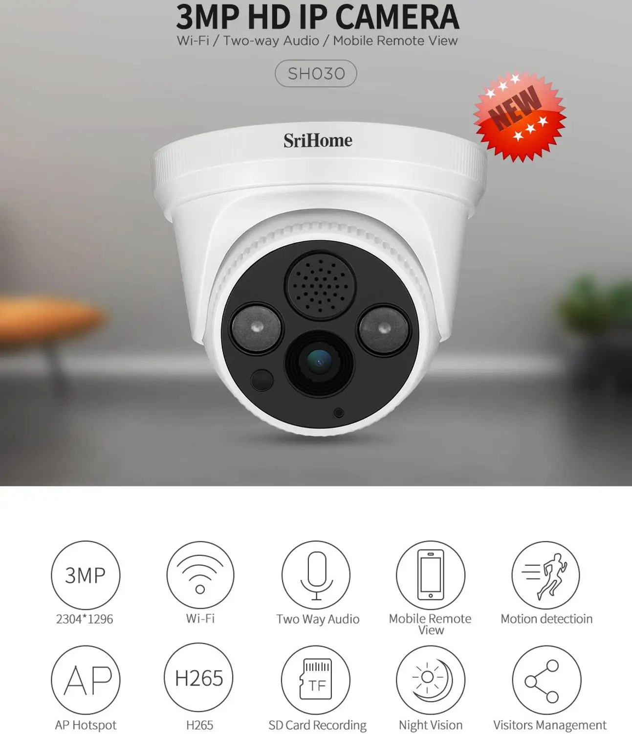 Modello Sh030 Telecamera Wifi Ip Camera Wireless Infrarossi 3.0 Megapixel Hd Ir Cut Onvif P2P Supporto Sd Audio