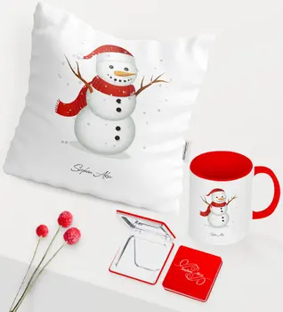 

Personalized Christmas Snowman Themed Red Mug Mirror Pillow Set-2