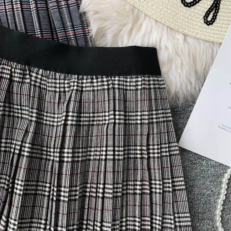 NiceMix Винтаж Harajuku клетчатая Высокая талия женские плиссированные юбки осенние длинные юбки эластичная талия линия лоскутное кружево Faldas Muje