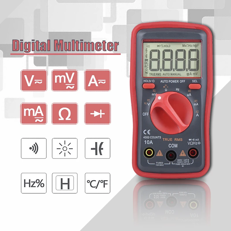 

Digital Multimeter Auto Ranging TRMS 6000 Counts 10A Voltmeter Measures Temperature Tester Tools with Backlight QHTITEC UM16