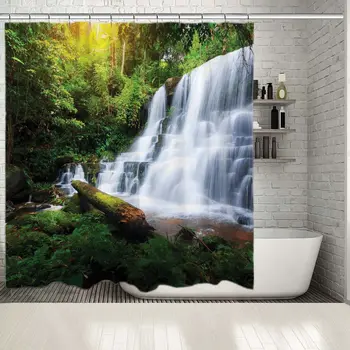 

Shower Curtain Mun Daeng Waterfall in Deep Forest horse Phu Hin Rong Kla National Park in Thailand View Printed Green white