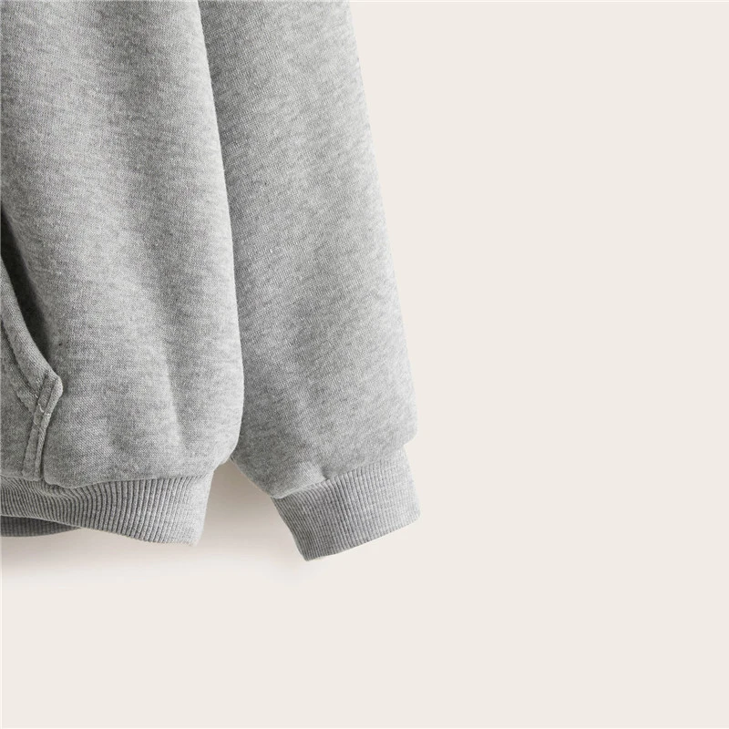 ROMWE Сердце печати кенгуру карман Drawstring женские толстовки Повседневная Толстовка с длинными рукавами Осень женская одежда Толстовка Топы