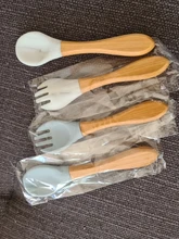 Bopoobo-tenedor de bambú para bebé, cuchara de alimentación de bebé de madera de silicona, accesorios de alimentación para niños pequeños, grado alimenticio orgánico sin BPA, 2 uds.