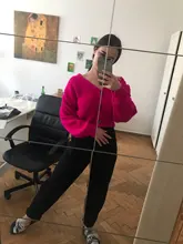 LUNDUNSHIJIA 2020 nueva primavera y otoño de las mujeres es holgado de punto suéteres señoras con cuello en V y manga larga de moda Rosa Cardigan rojo abrigos