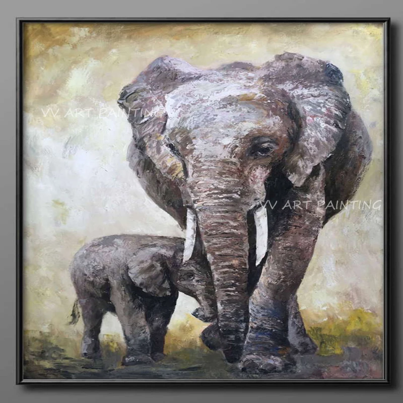 

100% Hand Painted Mother and Baby Elephant Oil Paintings Gray Wall Art Decorative for Living Room Home Decor Frameless