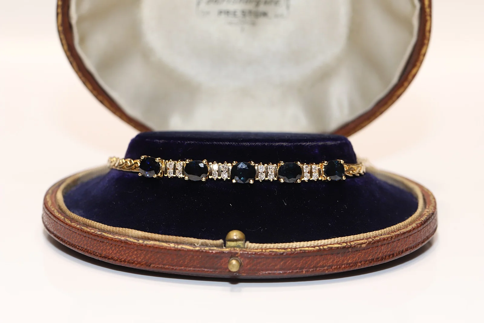 

Old Original Vintage 14k Gold Natural Diamond And Sapphire Decorated Pretty Bracelet