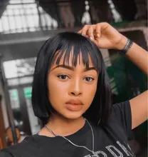 Peluca de Bob corto recta de máquina completa con flequillo negro Natural brasileño Remy pelucas de cabello humano 150% densidad media Ratio Bob peluca