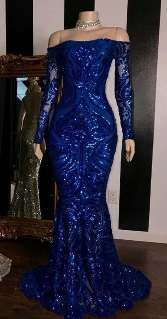 Royal Blue Gowns For Graduation Sparkly Sequined Mermaid African