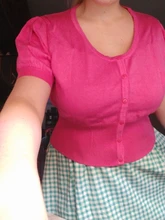 Belle Poque-Tops cortos para mujer, suéteres de manga corta con cuello en U y solapa de botones, Tops de punto recortados, prendas de punto de colores sólidos para mujer