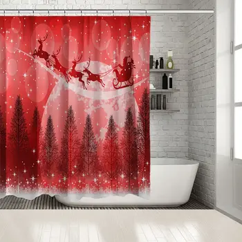 

Pine Trees Snowy Night Sky Full Moon Stars Santa Claus Flying on His Sleigh with Reindeers Art White Red Shower curtain