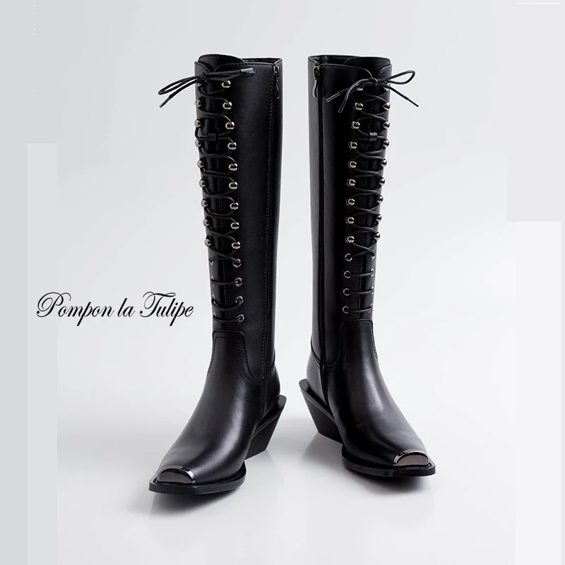 

Genuine Cow Leather 2020 Fashion Army Boots Cross Lace Up 4CM Wedge Heels Metal Square Toe Women Winter Boots Mujer Trend Shoes