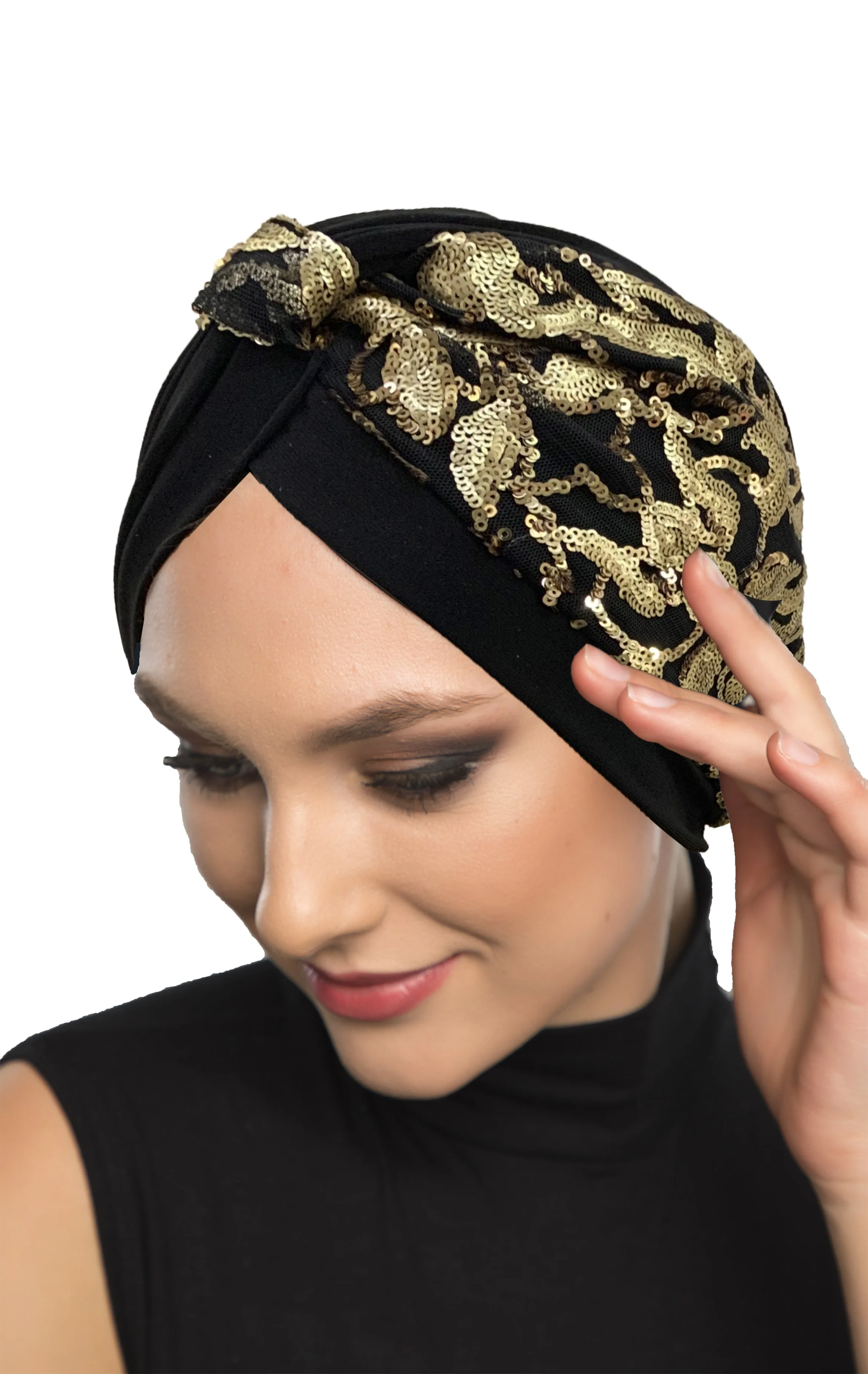 

2022 New Fashion Black Gold Sequined Ethnic Pattern Ready Made Turban Hijab Bonnet Scarf Cancer Cap Special Women Product Beret Shawl Muslim Liner Chemo All Season Rib Lame Pearl Bead Custom Design