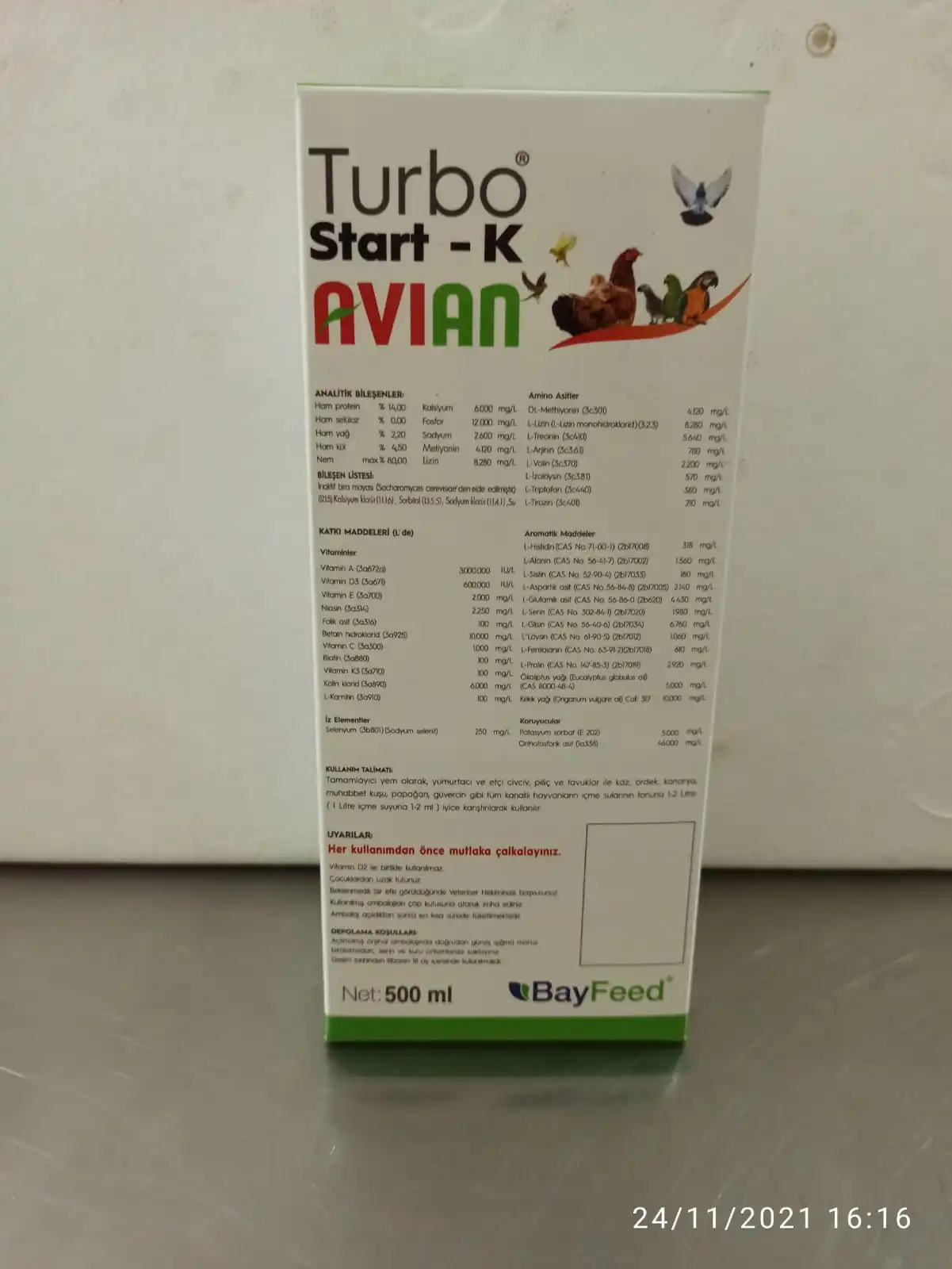 Turbo Start K Avian Kuş Güvercin Tavuk Vitamin Mineral 500 Ml (Stres Azaltıcı, Yumurta Verimi Artırıcı, Et Verimi Yükseltici)