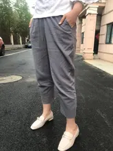 Pantalones de lino y algodón para mujer, pantalón harén holgado, informal, con cintura elástica, Color liso, para primavera y verano