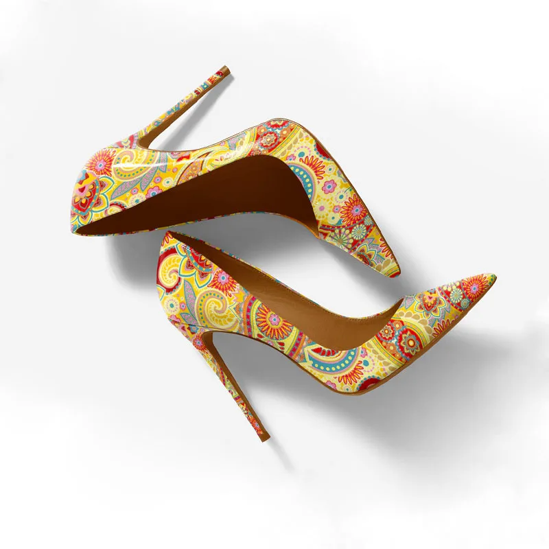

New Printed Sexy Pointed Toe Shallow Pumps Ladies Luxury Yellow Stiletto High Heel Sandals Women Slip on Shoes