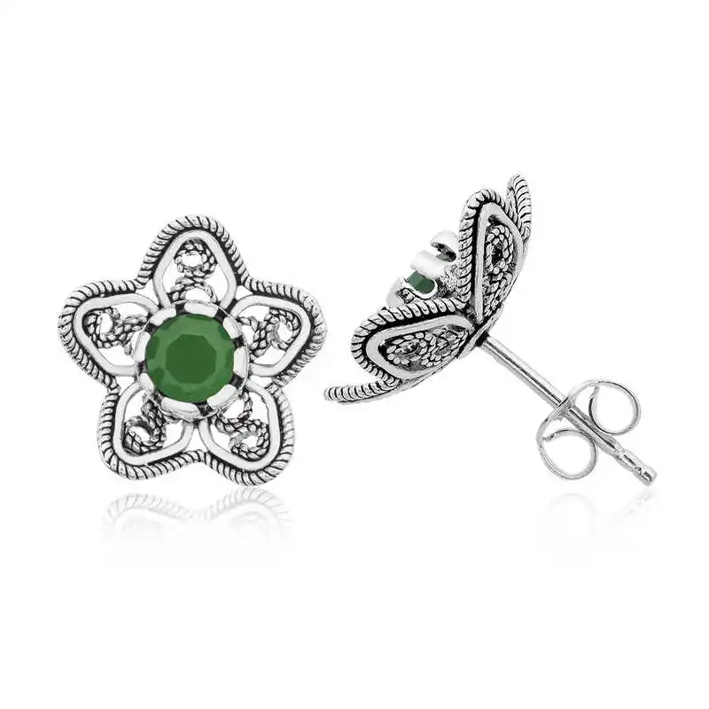 

Silver Filigree Green Lotus flower Studded Earrings