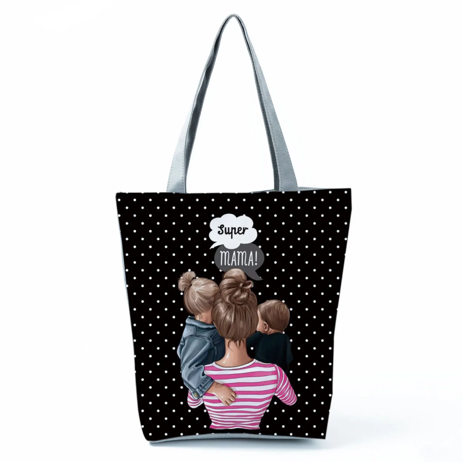 Cute Cartoon Super Mama Print Linen Tote Bag Reusable Shoulder Bags Mom And Baby Fold Women Casual Handbags Lady Fabric Totes 