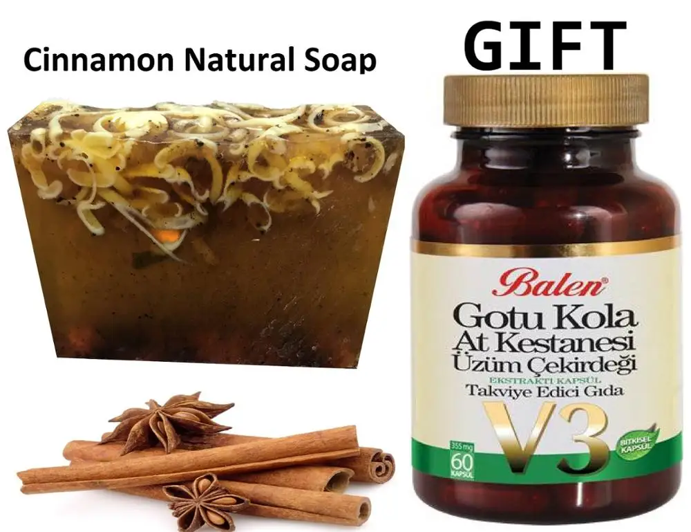 

Anti Acne Cinnamon Natural Handmade Soaps 100 gr+Gift Food Supplement Gotu Cola Grape Seed Horse Chestnut Extract 60 Capsules