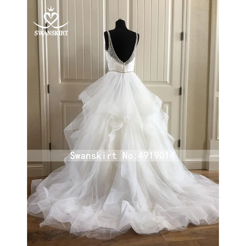 Модное вышитое бисером свадебное платье Swanskirt K309 бальное платье из тюля с рюшами сексуальное платье для невесты принцессы с открытой спиной Иллюзия Vestido de Noiva