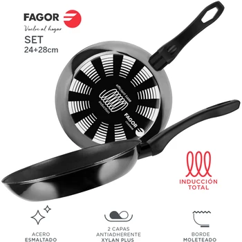 

Fagor fry pan INDUTHERM. Skillet nonstick double layer, Steel enameled 1,5mm thick, SET 3 sauce pans 20 + 24 + 28