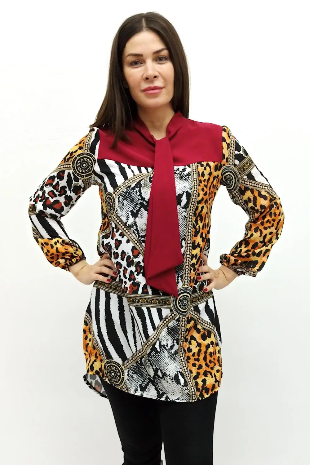 Women Claret Red Patterned Blouse. Tunic Classic Style Long Sleeves. Sleeve Female | Женская одежда