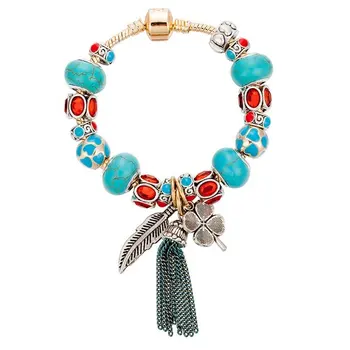 

Angemiel Blue Red Color Feather Clover Tassel Bohemian Charmlı Bangle Set