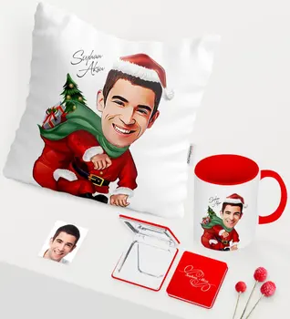 

Personalized Christmas Themed Bay Caricature Of Red Mug Mirror Pillow set-4