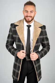 

DeepSEA Antracite Furry Shawl Collar Plaid Pattern Slim Fit Coat 1901844