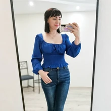 Short Blouses Womens Tops Long-Sleeve Vintage Square-Collar Casual Simple New Bow Solid