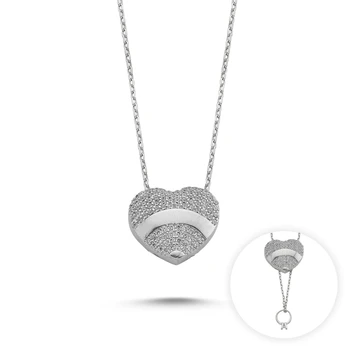 

KUTAYDAN Zircon Inside Engagement Secret Heart Necklace 925 Sterling Silver