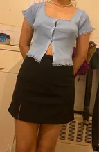 T-Shirt Women Tops Button-Crop-Top Short-Sleeve O-Neck Basic Blue Ruffles Casual Summer