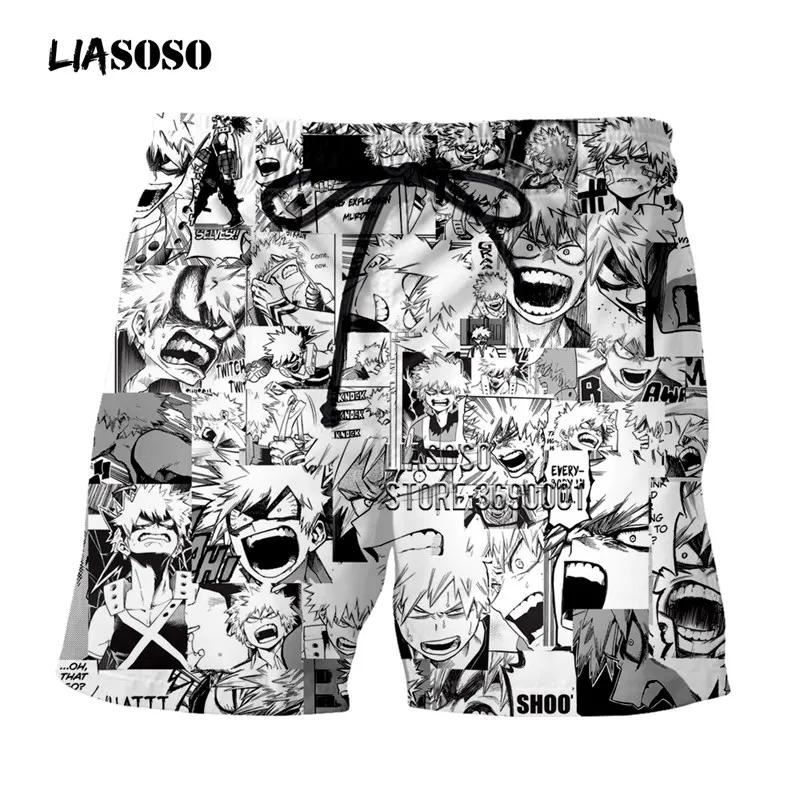 LIASOSO 3D Print Shorts Anime Boku No Hero Academia UBakugo Katsuki Faces Unisex Summer Shorts Beach Shorts For Men G3135