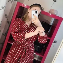 Autumn Winter Dot Bandage Dress Women Casual Ruffles V Neck High Waist Slim Print Long