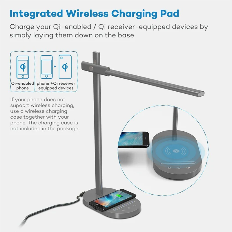 USB порт зарядки современный светодиодный Настольный светильник с QI беспроводным зарядным телефоном 5 цветов Температура 6 уровень яркости офисный Рабочий светильник