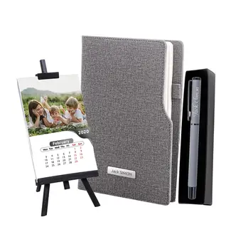 

Personalized Gray Faux Leather Notebook & Desktop Easel & Metal Roller Pen