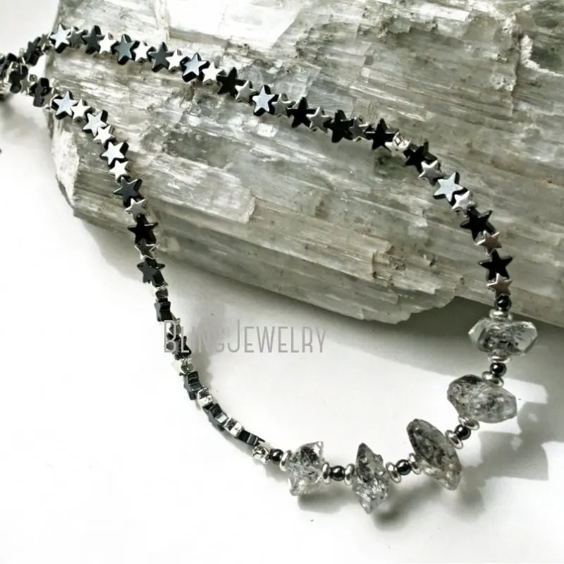 

NM40354 Herkimer Quartz Choker Double Terminated Tibetan Crystal Necklace Hematite Silver Stars Starry Night