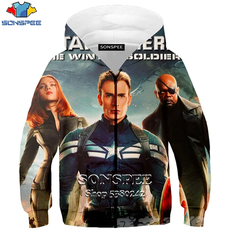 SONSPEE 3D Print Kids Children Boys And Girls Zipper Hooded Hoodie Casual Long Sleeve Movie Captain America Coat Brand Tops