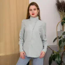 Turtleneck Blouse Puff-Sleeve White Shirt Ladies Top OOTN Office Elegant Casual Solid