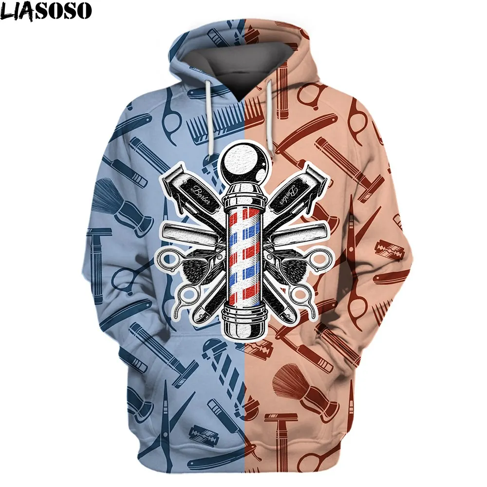 

LIASOSO Retro Barbershop Scissors Tool Hoodie 3D Men Women Fashion Streetwear Barber Sweatshirts Pole Any Color Man Loose