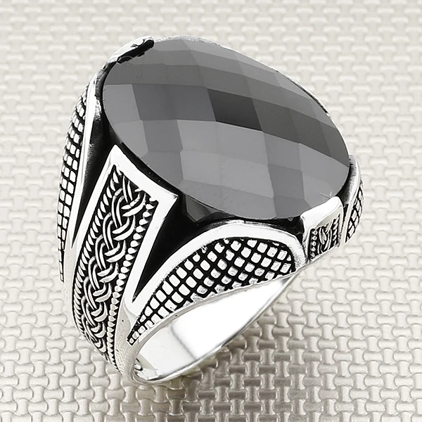 

Knit Patterned Oval Stone Black Zircon Gemstone Men 925 Sterling Silver Classy Ring Jewellery Gemstone Handmade Silver Ring