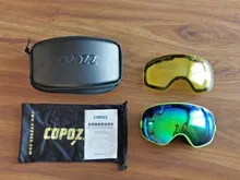 COPOZZ-Gafas de esquí con funda y lente amarilla, lentes de esquí esféricas antivaho, para esquiar, para hombre y mujer, gafas de nieve + lente + caja