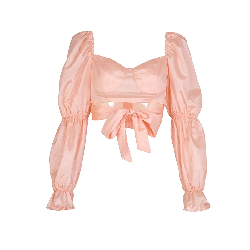 Женские розовые топы с завязками спереди и пышными рукавами, Женская Осенняя Повседневная Блузка с воротником, топы, уличная Женская одежда, женская рубашка